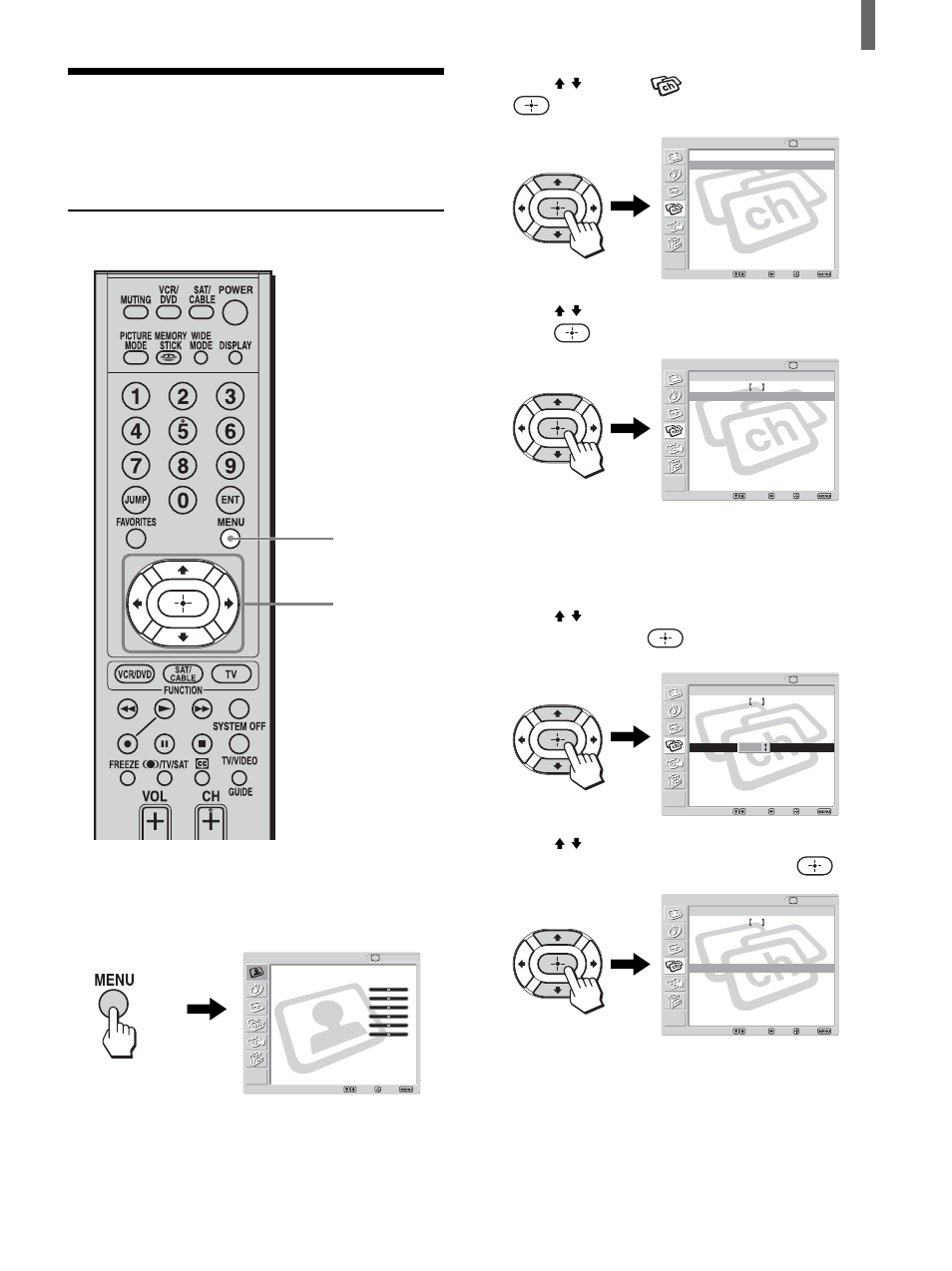 Using favorite channels, Setting your favorite channels, Press menu | Press v/v to select (channel), then press, Press menu to exit the menu screen, Continued) | Sony KLV-26HG2 User Manual | Page 37 / 84