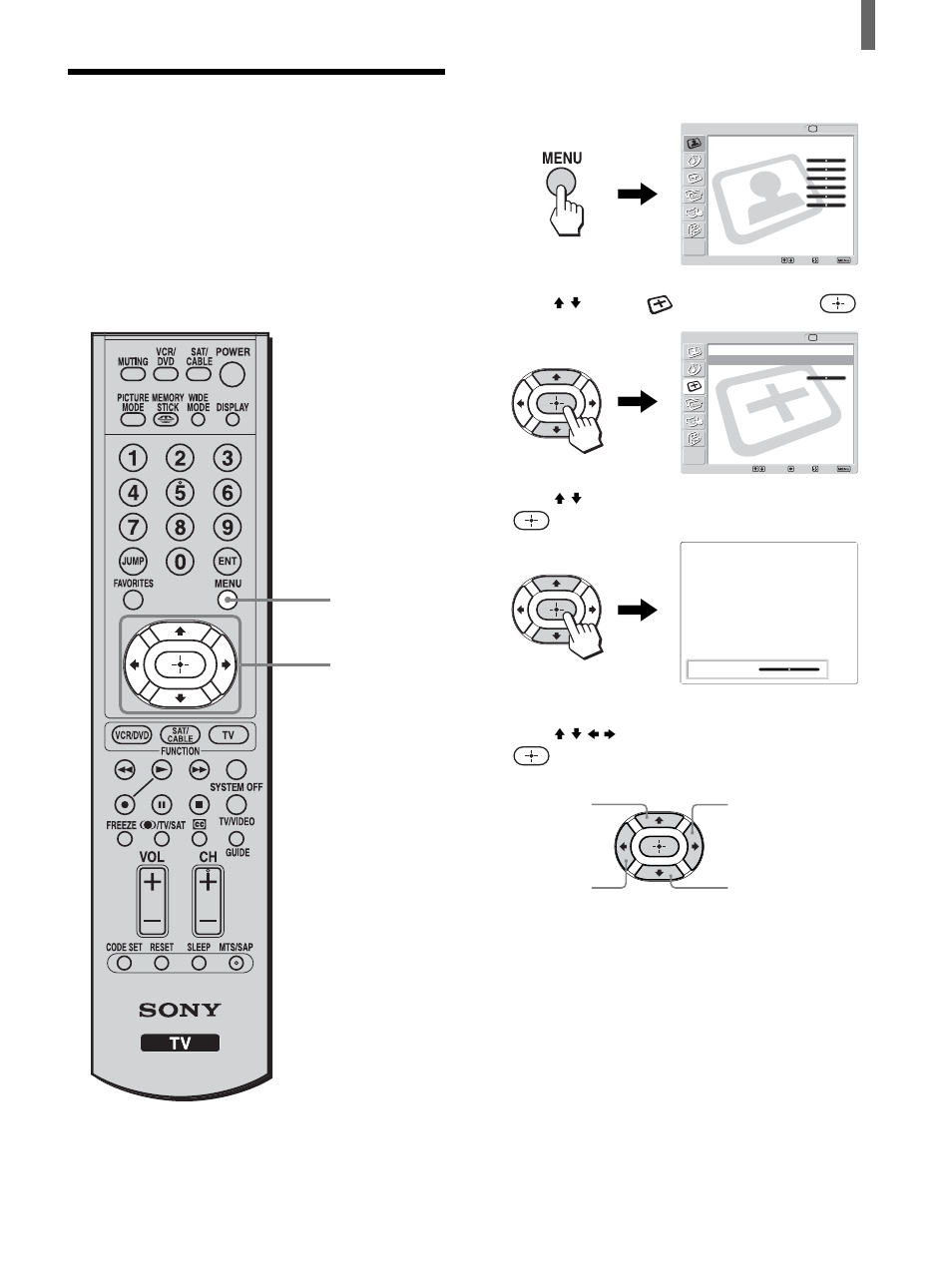 Adjusting the picture position, Press v/v to select (screen), then press, Press v/v to select “vertical center,” then press | Press v/v/b/b to adjust the position, then press, Press menu to exit the menu screen | Sony KLV-26HG2 User Manual | Page 41 / 84