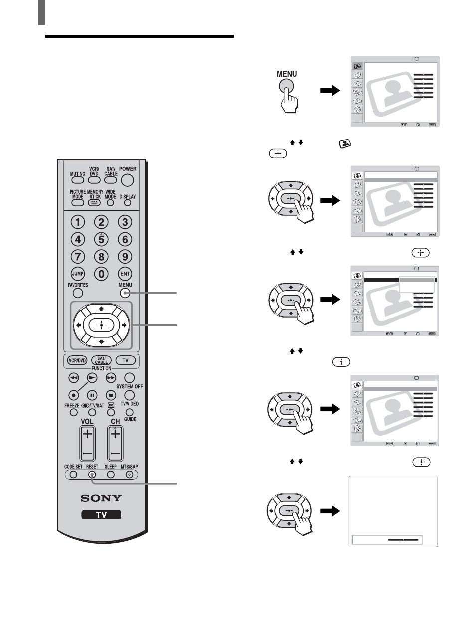 Adjusting the picture quality, Press menu, Press v/v to select (video), then press | Press v/v to select “mode,” then press, Press v/v to select “picture,” then press | Sony KLV-26HG2 User Manual | Page 42 / 84