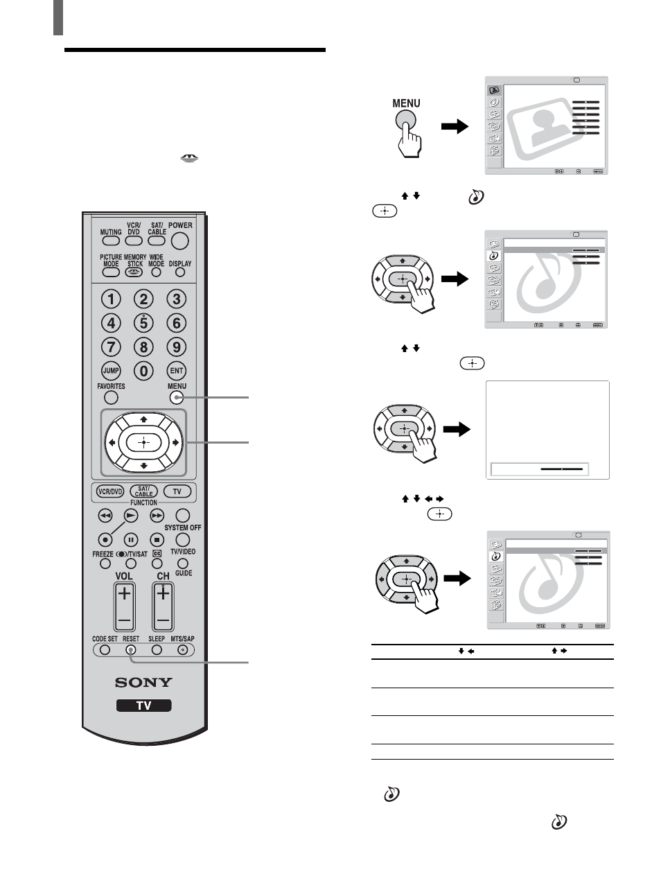 Adjusting the sound quality, Press menu, Press v/v to select (audio), then press | Sony KLV-26HG2 User Manual | Page 44 / 84