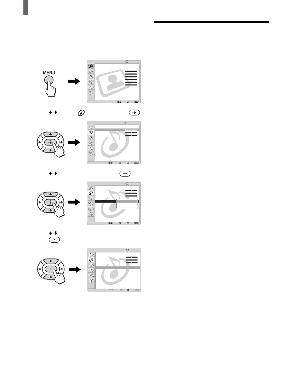 Using the parental control feature, Press menu, Press v/v to select (audio), then press | Press v/v to select “mts,” then press, Press menu to exit the menu screen | Sony KLV-26HG2 User Manual | Page 46 / 84