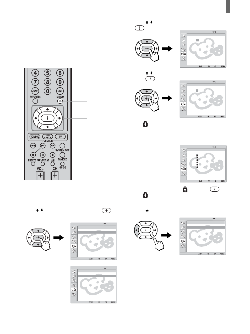 Selecting a custom rating, Press v/v to select “movie rating,” then press, Press b to return to the “custom” menu | Sony KLV-26HG2 User Manual | Page 49 / 84