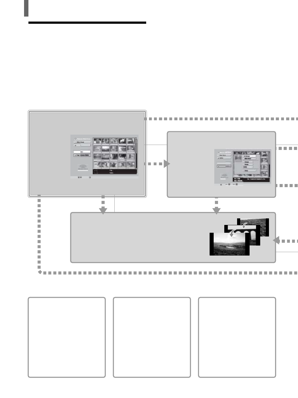Select a thumbnail and view a digital photo, View digital photos in order “slide show, Delete unwanted digital photos and movies “delete | Sony KLV-26HG2 User Manual | Page 58 / 84