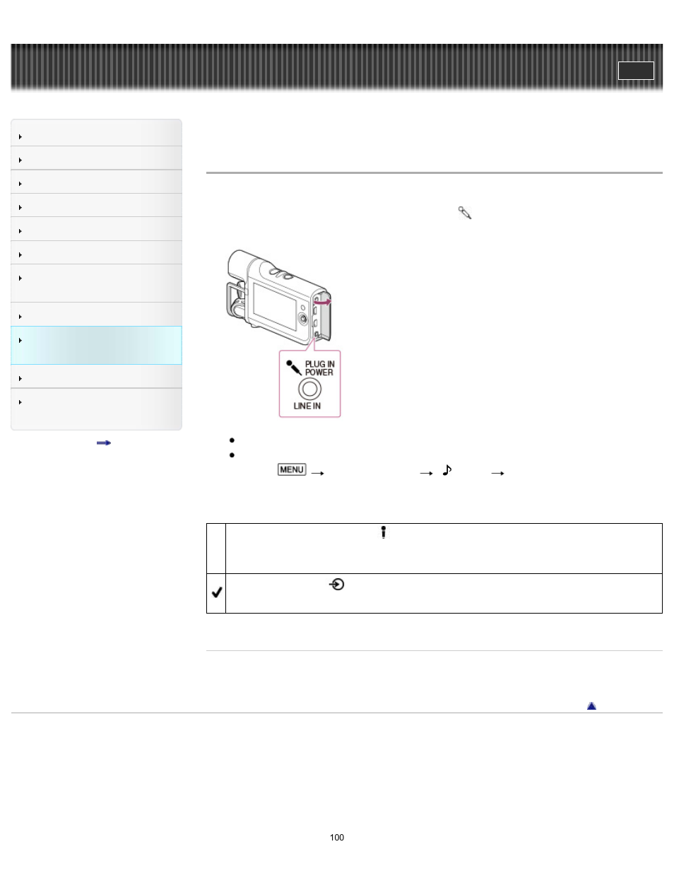 Ext. audio input set, User guide | Sony HDR-MV1 User Manual | Page 100 / 171