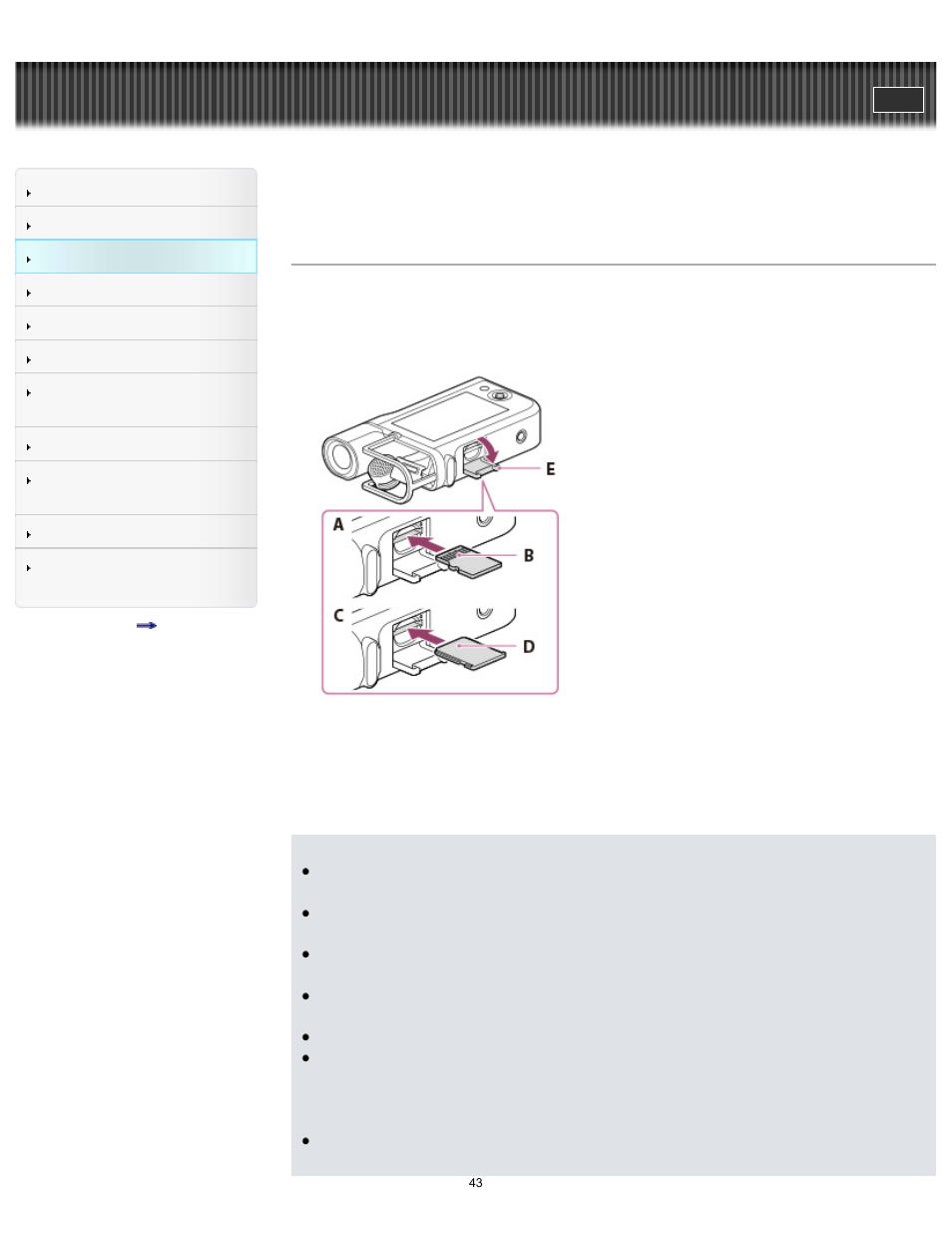 Inserting a memory card, User guide | Sony HDR-MV1 User Manual | Page 43 / 171