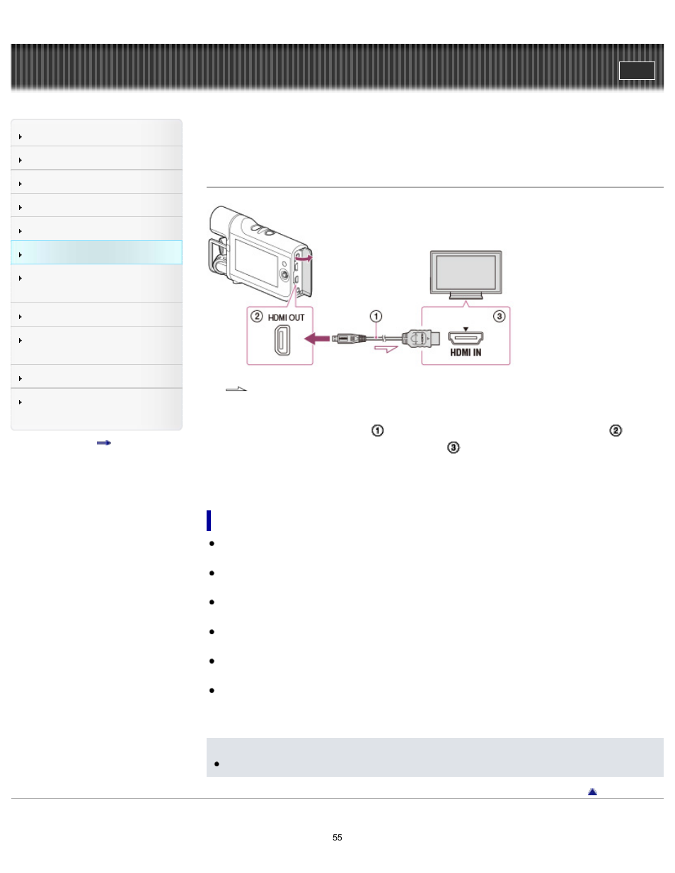 Connecting the camcorder to a high definition tv, User guide | Sony HDR-MV1 User Manual | Page 55 / 171