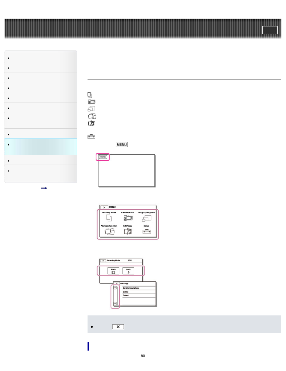 Setting up menu items, User guide | Sony HDR-MV1 User Manual | Page 80 / 171