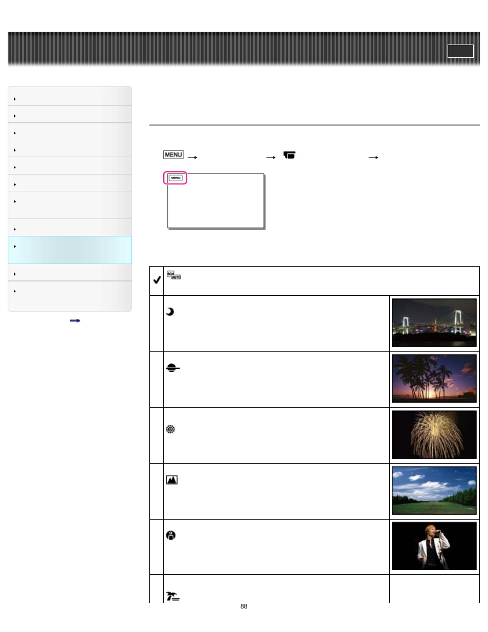 Scene selection, Spotlight), User guide | Sony HDR-MV1 User Manual | Page 88 / 171