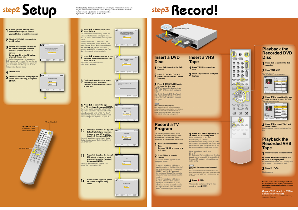 System menu, Record a tv program, Playback the recorded dvd disc | Insert a dvd disc, Insert a vhs tape, Playback the recorded vhs tape | Sony RDR-VX500 User Manual | Page 2 / 2