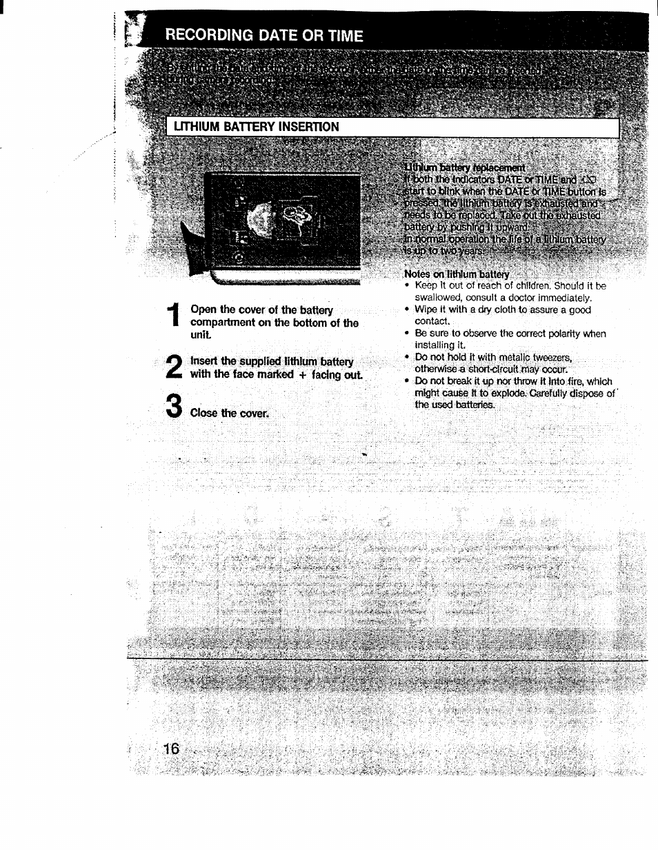 Recording date or time, 3 close the coven, Notes on litlilum battery | 16 k, Both ihe indlcatofs date or tltvle and <x), Battery by '^shifig ‘it .upward: i' 'vi v, K'y lithium battery insertion | Sony CCD-V1 User Manual | Page 16 / 40