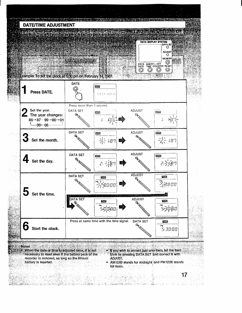 Set the month, Set the day, Set the time | Start the clock | Sony CCD-V1 User Manual | Page 17 / 40