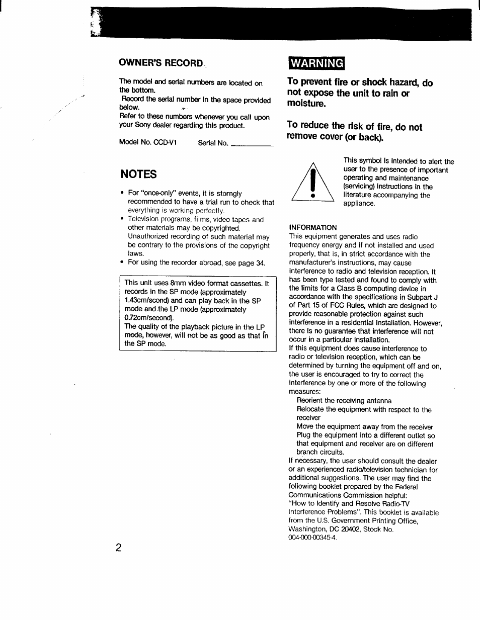 Warning, Information | Sony CCD-V1 User Manual | Page 2 / 40