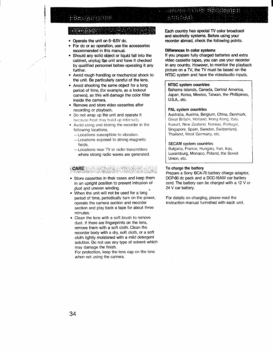 Care | Sony CCD-V1 User Manual | Page 34 / 40