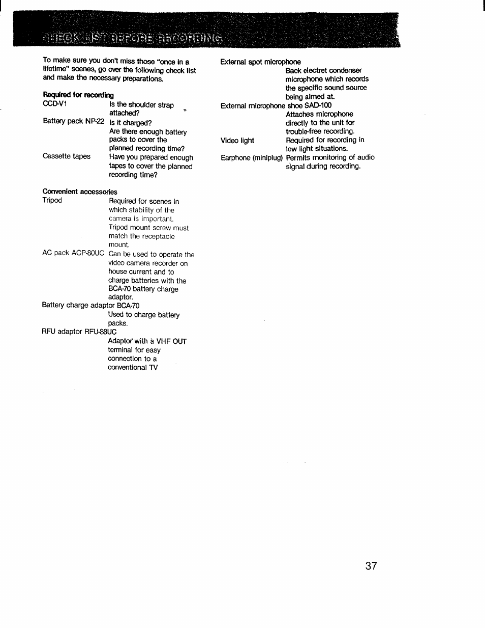 Required for recoctling | Sony CCD-V1 User Manual | Page 37 / 40