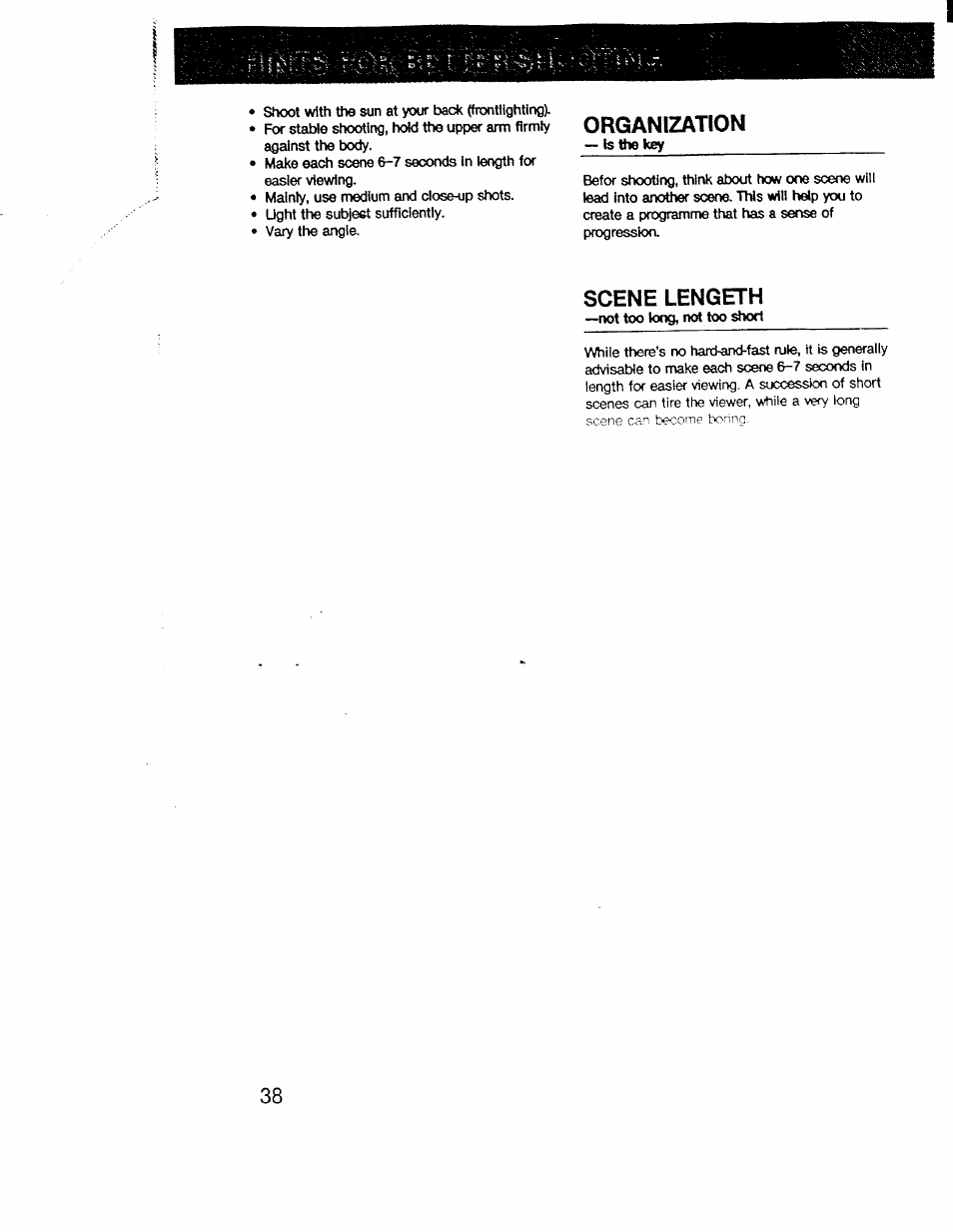 Organization, Scene lengeth | Sony CCD-V1 User Manual | Page 38 / 40