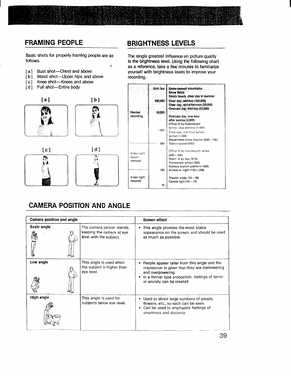 Framing people, Brightness levels, Camera positfon and angle | Framing people brightness levels, Lai ibl | Sony CCD-V1 User Manual | Page 39 / 40