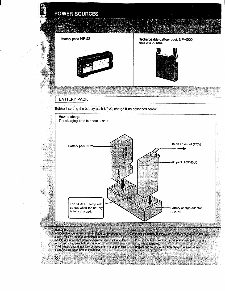 Power sources, Rechatigeawe battery pack np-4000, Battery pack | Sony CCD-V1 User Manual | Page 8 / 40