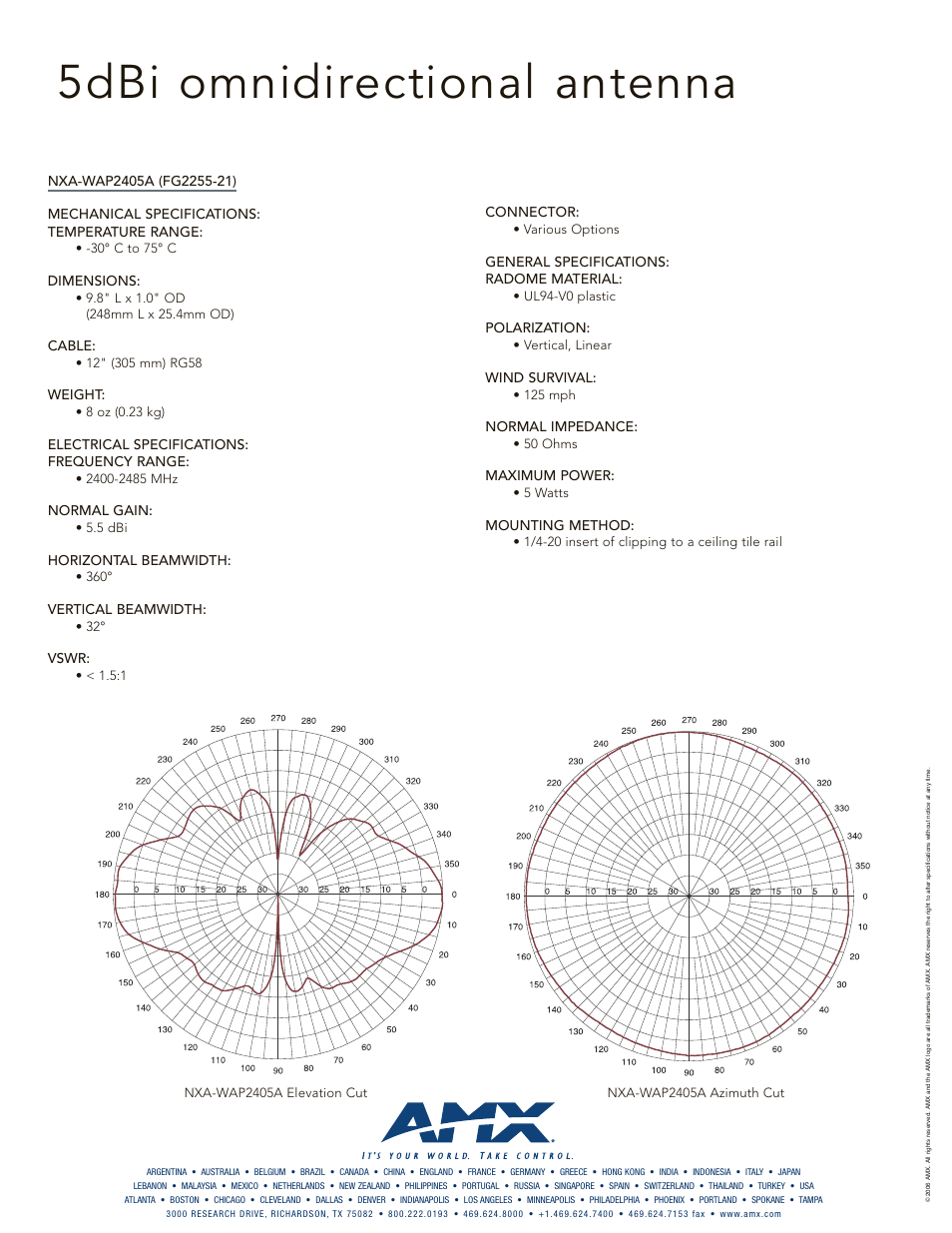 5dbi omnidirectional antenna, Dimensions, Cable | Weight, Electrical specifications: frequency range, Normal gain, Horizontal beamwidth, Vertical beamwidth, Vswr, Connector | AMX 5dBi omnidirectional antenna NXA-WAP2405A User Manual | Page 2 / 2