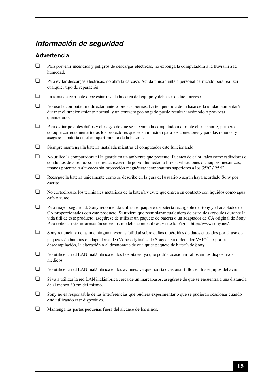 Información de seguridad | Sony VPCX111KX User Manual | Page 15 / 24