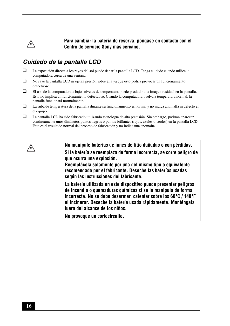 Cuidado de la pantalla lcd | Sony VPCX111KX User Manual | Page 16 / 24