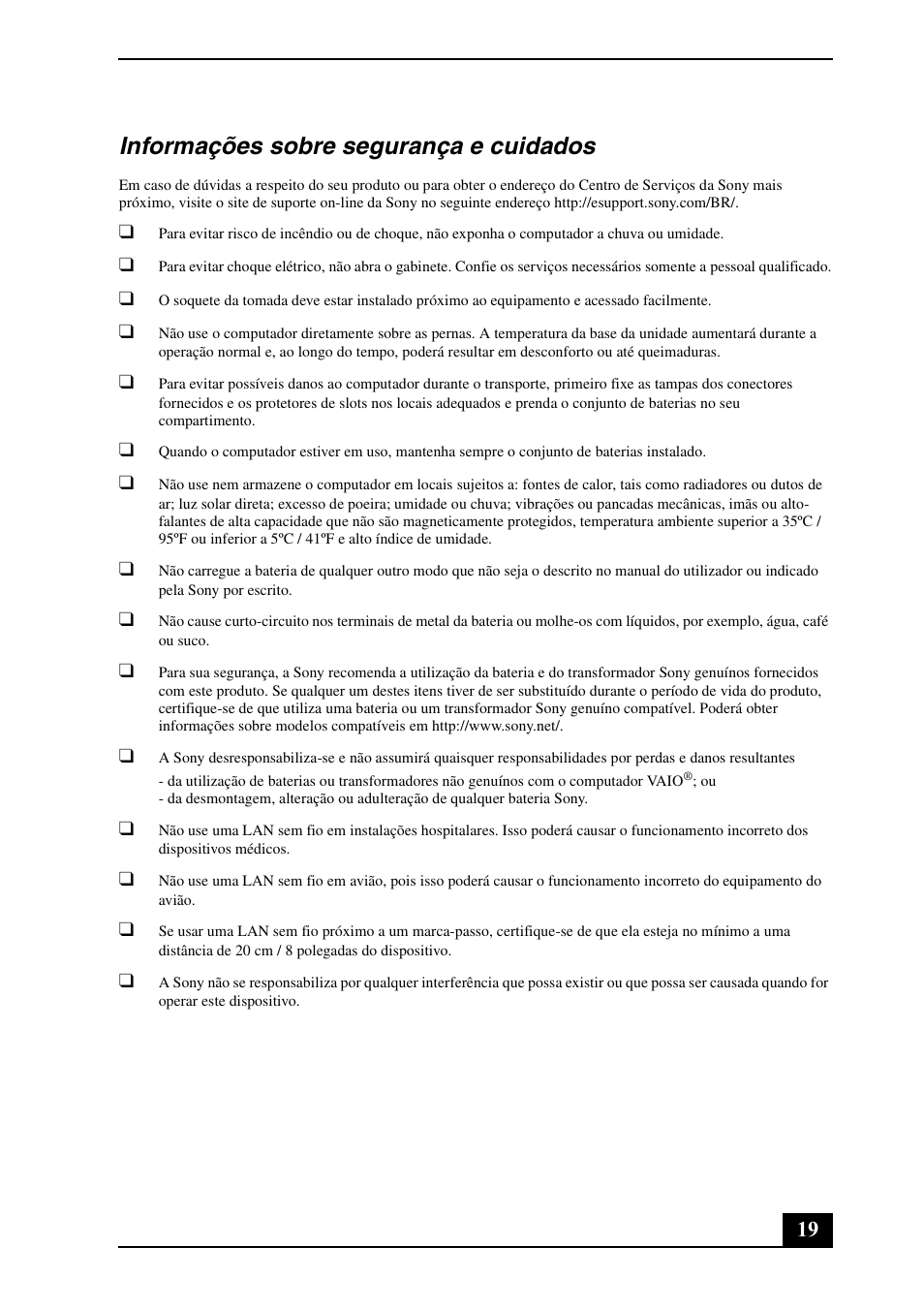 Informações sobre segurança e cuidados | Sony VPCX111KX User Manual | Page 19 / 24