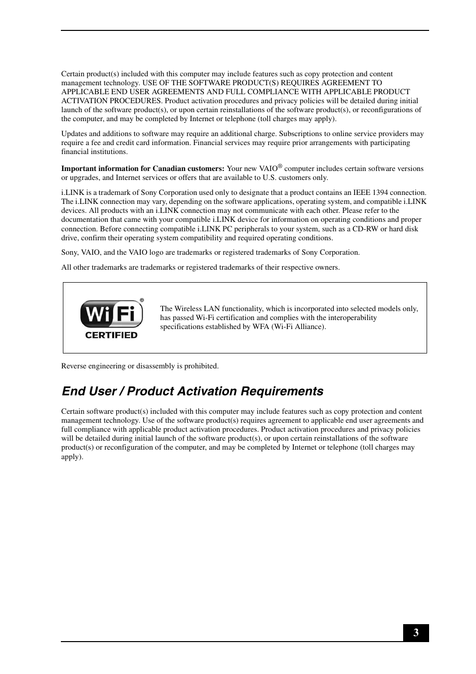 End user / product activation requirements | Sony VPCX111KX User Manual | Page 3 / 24