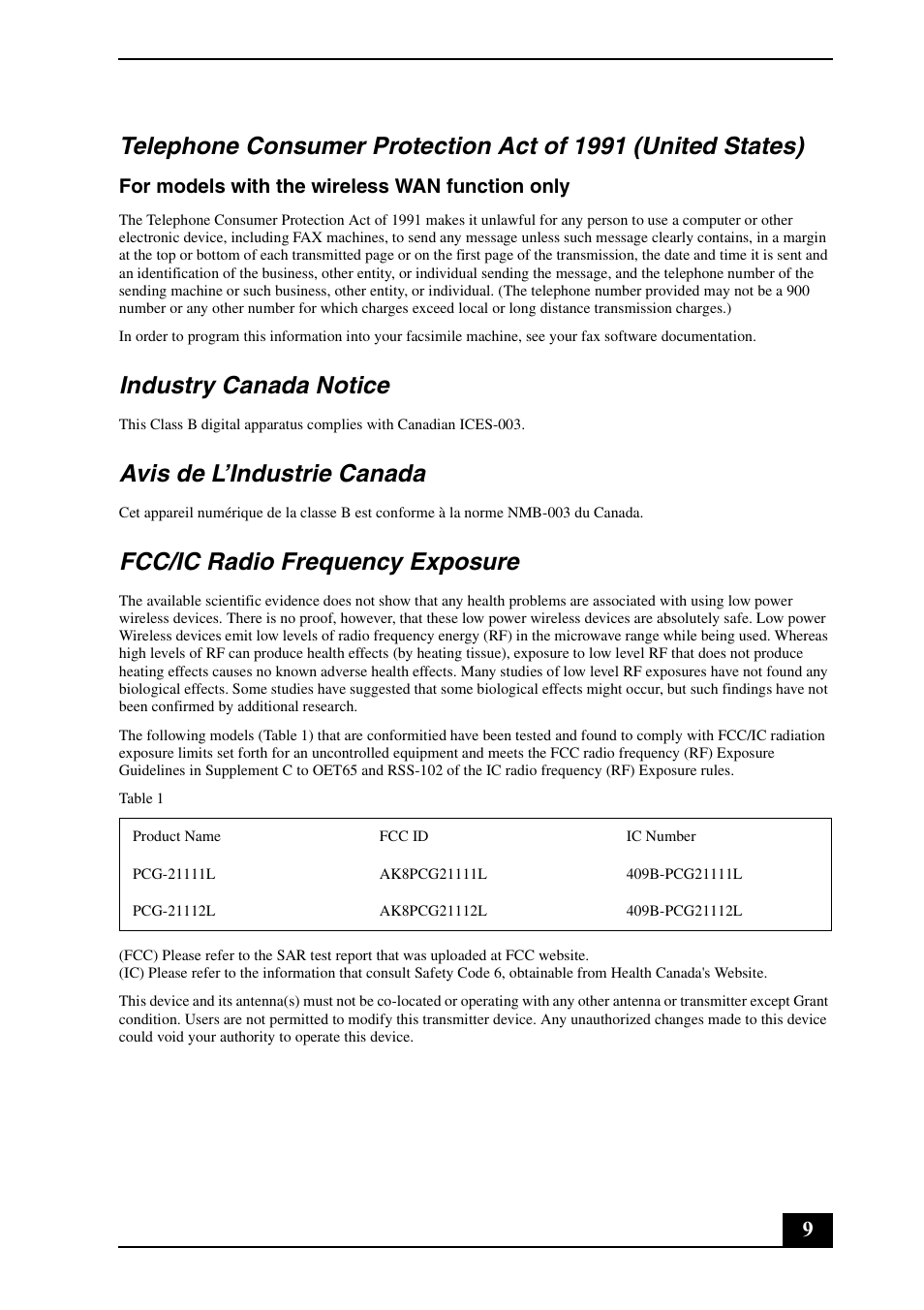 Industry canada notice, Avis de l’industrie canada, Fcc/ic radio frequency exposure | Sony VPCX111KX User Manual | Page 9 / 24