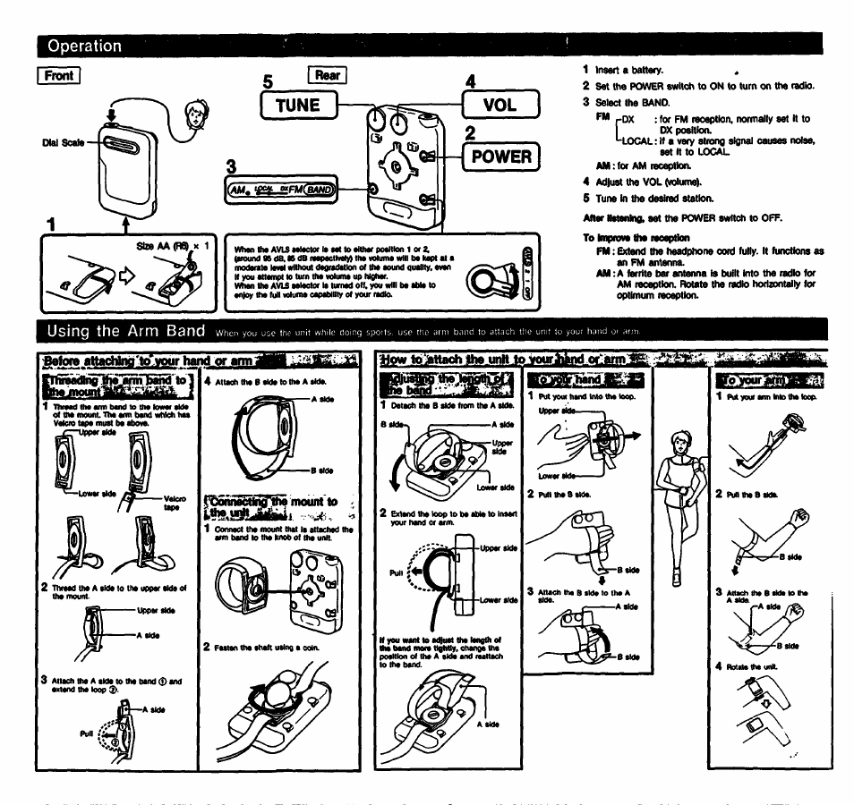 Operation, Tune, Power | Operation i front, Using the arm band, Getoro attadjnq'to*vour hand or arm, Wow ibtahach the unh to iwmrhlmd ortánn | Sony SRF-85 User Manual | Page 3 / 5