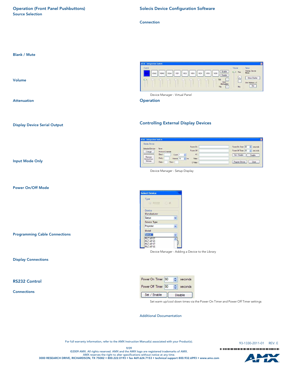 Operation (front panel pushbuttons), Source selection, Blank / mute | Volume, Attenuation, Display device serial output, Input mode only, Power on/off mode, Programming cable connections, Display connections | AMX AVS-SL-PR-0401-0601 User Manual | Page 2 / 2