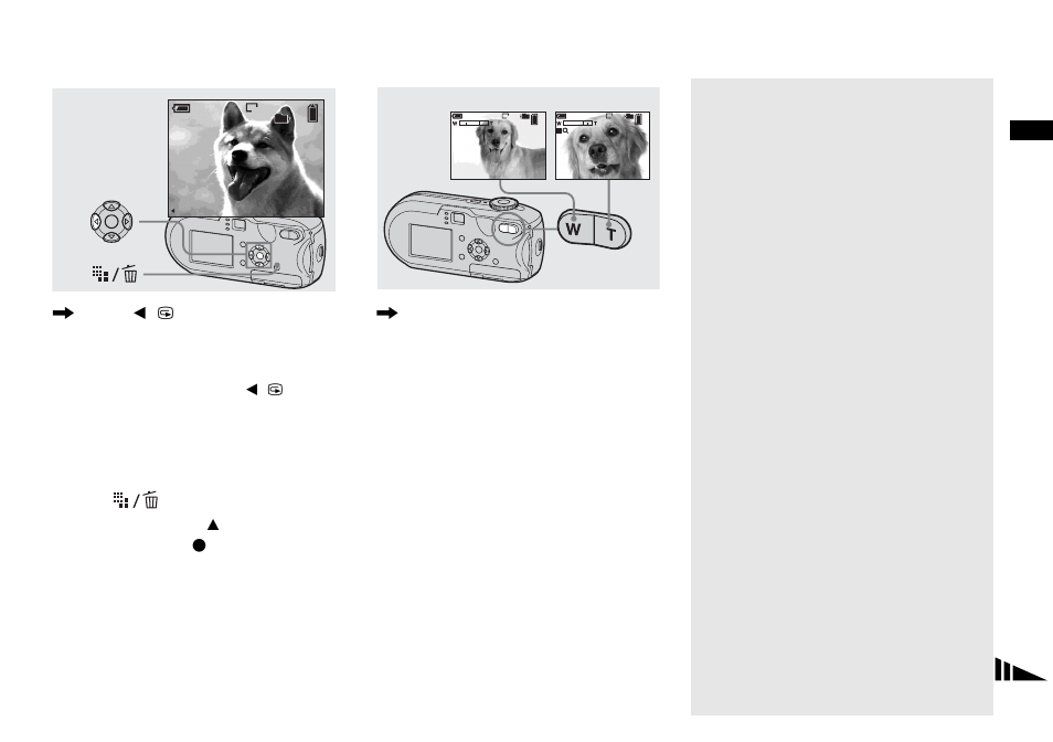 Checking the last image shot – quick review, Using the zoom feature, Checking the last image shot | Quick review, Zoom | Sony DSC-P93 User Manual | Page 27 / 132