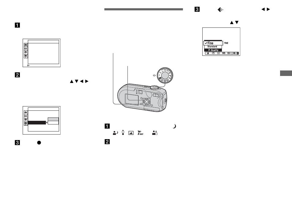 Changing items in the set up screen, Deciding the still image quality, Es 47 a | Sony DSC-P93 User Manual | Page 47 / 132