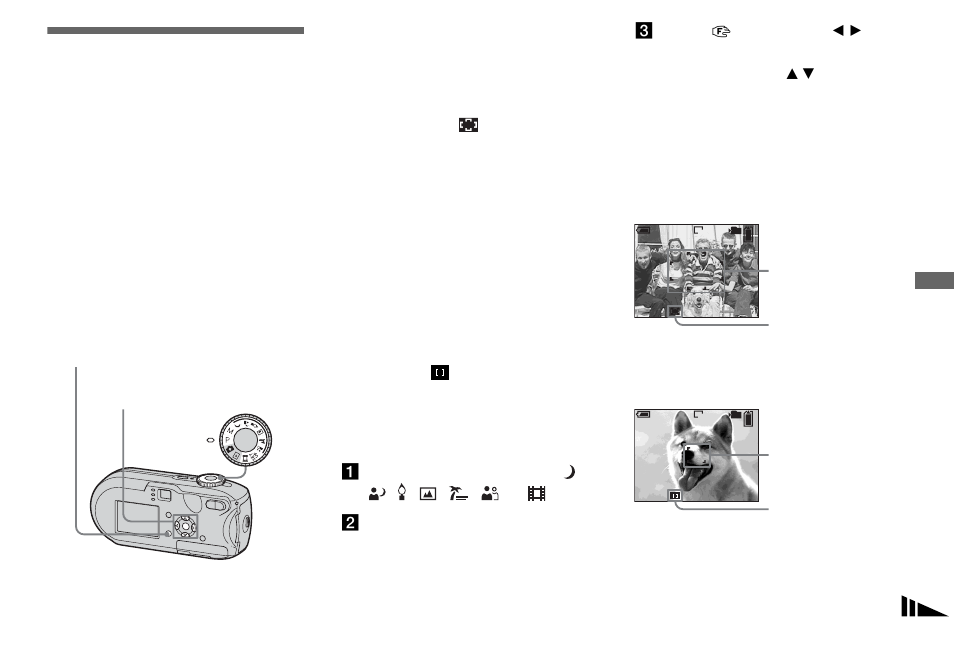 Advanced still image shooting, Choosing an auto focus method, Choosing a focus range finder frame | Af range finder | Sony DSC-P93 User Manual | Page 49 / 132