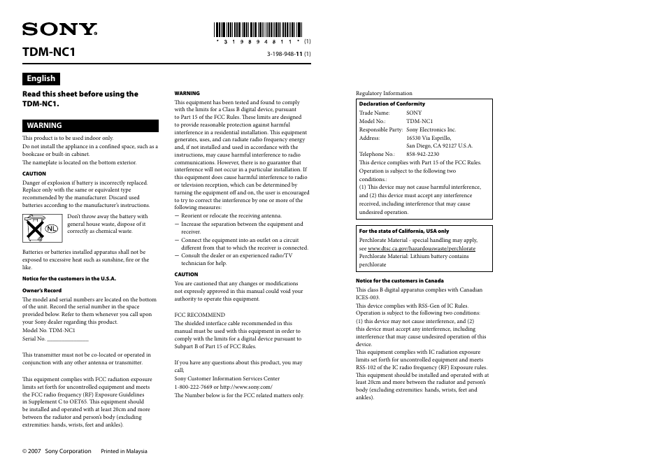 Sony TDM-NC1 User Manual | 2 pages