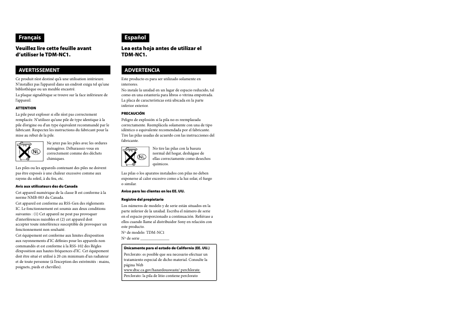 Español, Français | Sony TDM-NC1 User Manual | Page 2 / 2