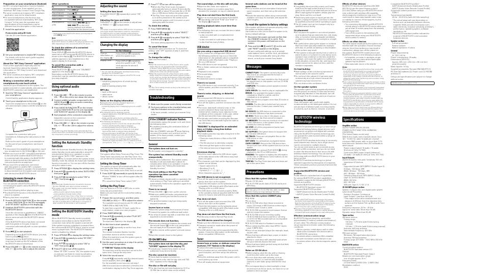 Messages, Precautions, Troubleshooting | Bluetooth wireless technology, Specifications, Using optional audio components, Setting the automatic standby function, Setting the bluetooth standby mode, Adjusting the sound, Changing the display | Sony CMT-BT60 User Manual | Page 2 / 2