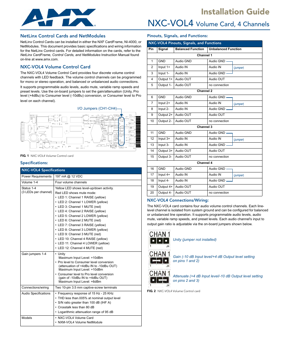 AMX Volume Control Card NXC-VOL4 User Manual | 2 pages