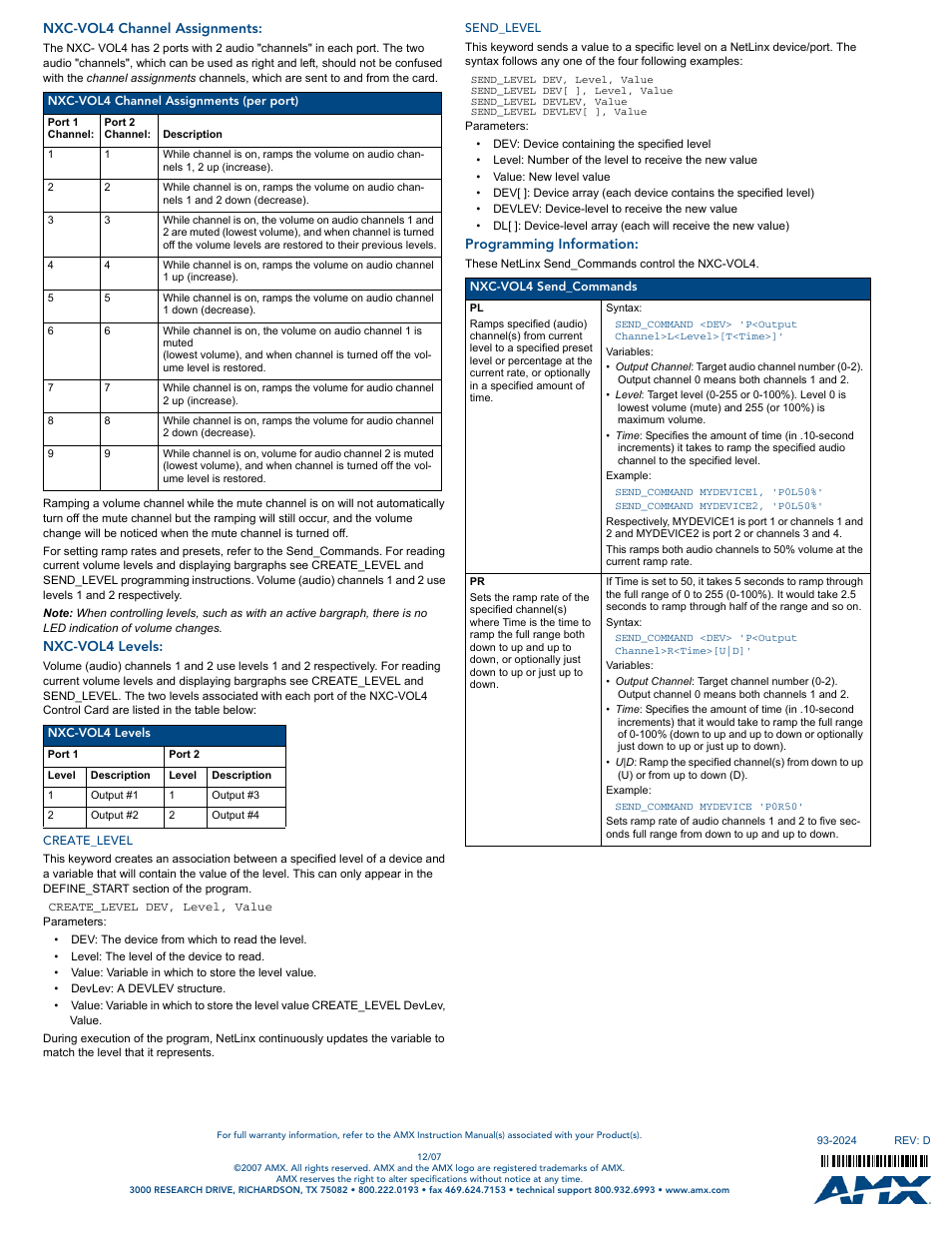 Nxc-vol4 channel assignments, Nxc-vol4 levels, Create_level | Send_level, Programming information | AMX Volume Control Card NXC-VOL4 User Manual | Page 2 / 2