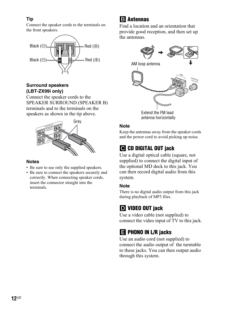 B antennas, C cd digital out jack, D video out jack | E phono in l/r jacks, Surround speakers (lbt-zx99i only), Black (#), Black (#) red (3) red (3), Grey | Sony LBT-ZX66i User Manual | Page 12 / 44