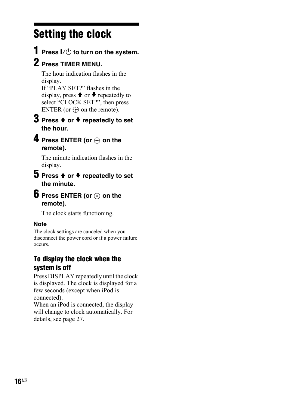 Setting the clock, Setting the clock 1 | Sony LBT-ZX66i User Manual | Page 16 / 44