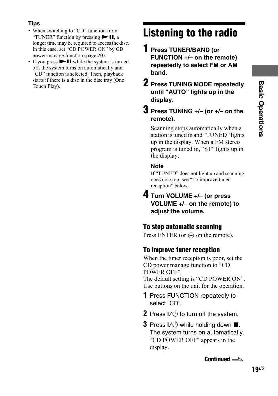 Listening to the radio, Listening to the radio 1 | Sony LBT-ZX66i User Manual | Page 19 / 44