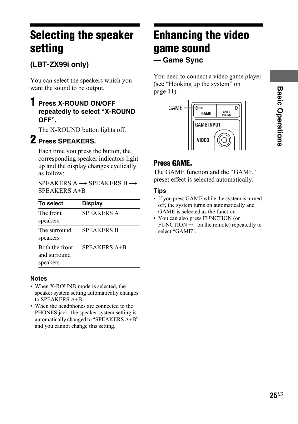 Selecting the speaker setting, Lbt-zx99i only), Enhancing the video game sound | Game sync, Enhancing the video game, Sound — game sync | Sony LBT-ZX66i User Manual | Page 25 / 44