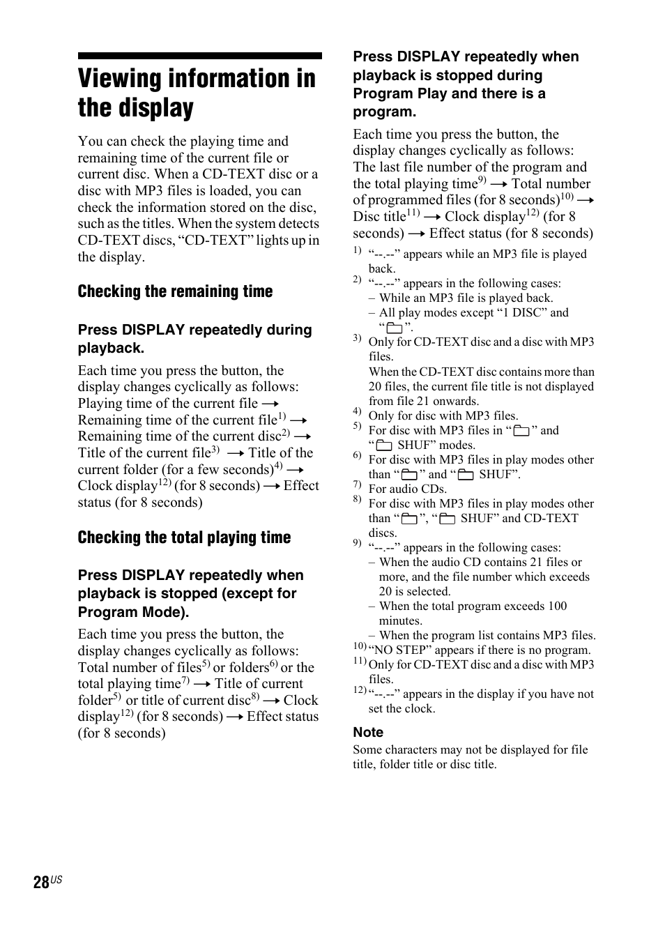 Viewing information in the display, Viewing information in the, Display | Checking the remaining time, Checking the total playing time | Sony LBT-ZX66i User Manual | Page 28 / 44