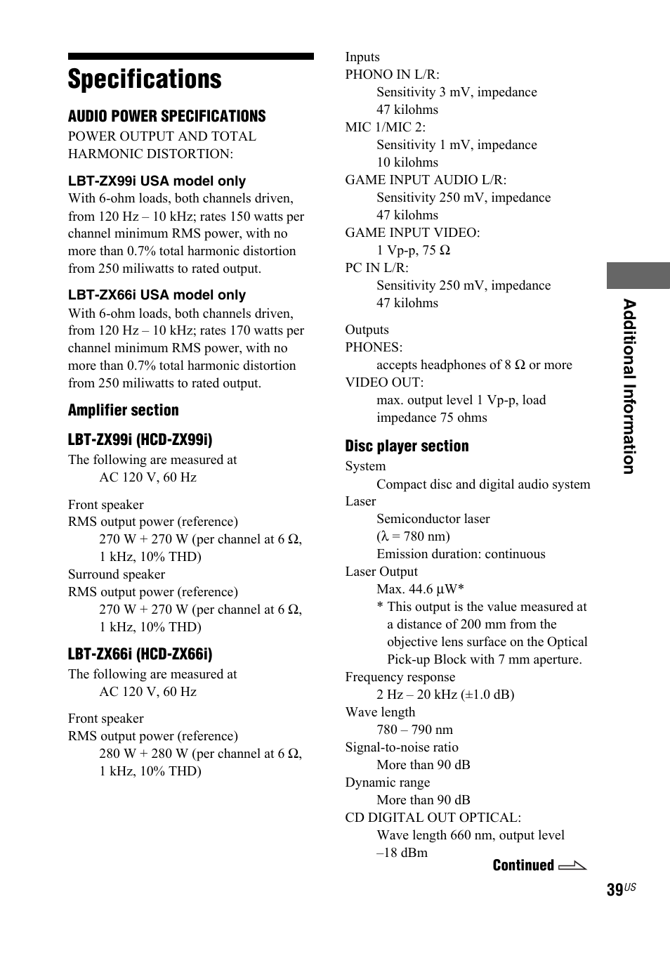 Specifications | Sony LBT-ZX66i User Manual | Page 39 / 44