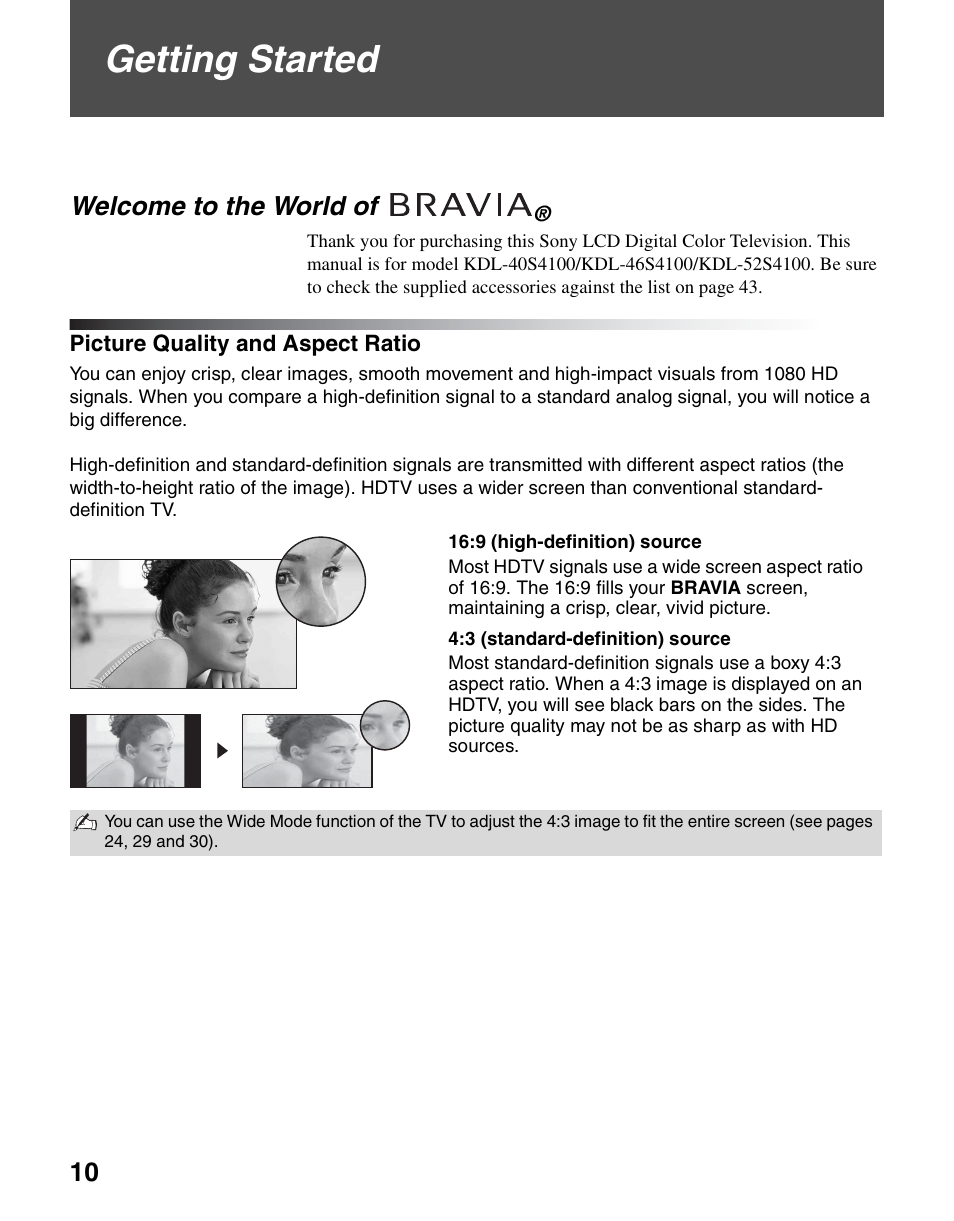 Getting started, Welcome to the world of, Picture quality and aspect ratio | Sony KDL-40S4100 User Manual | Page 10 / 48