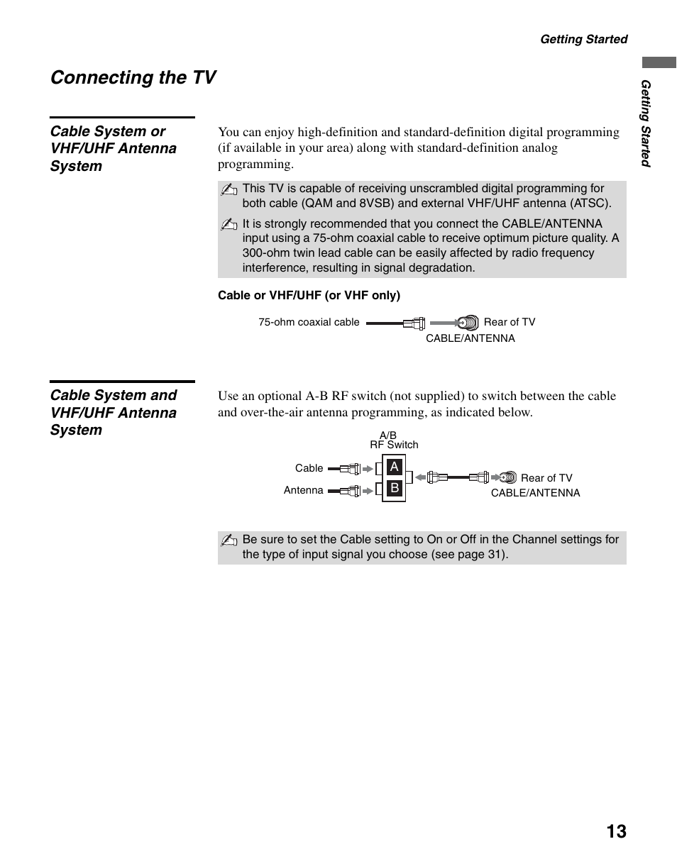 Connecting the tv, Cable system or vhf/uhf antenna system, Cable system and vhf/uhf antenna system | Sony KDL-40S4100 User Manual | Page 13 / 48