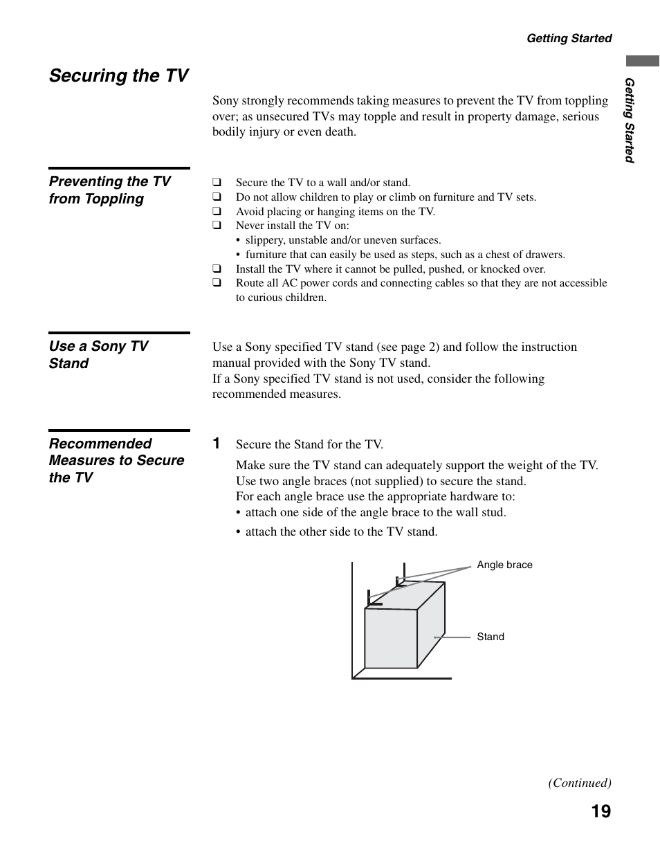 Securing the tv, Preventing the tv from toppling, Use a sony tv stand | Recommended measures to secure the tv | Sony KDL-40S4100 User Manual | Page 19 / 48