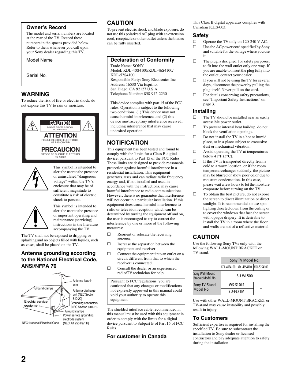 Attention, Precaucion, Warning | Caution, Notification, For customer in canada, Safety, Installing, Owner’s record, Declaration of conformity | Sony KDL-40S4100 User Manual | Page 2 / 48