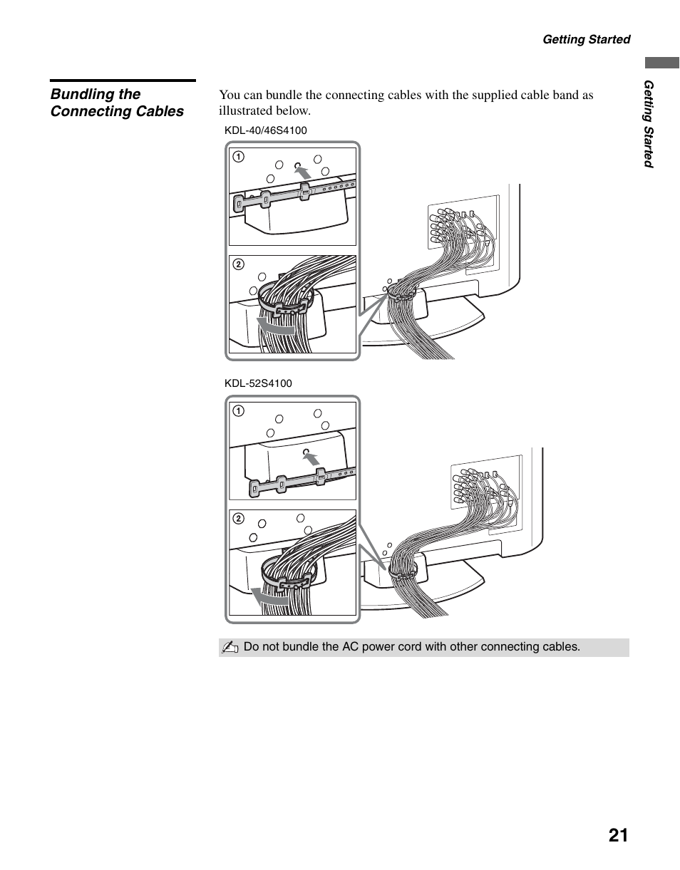 Bundling the connecting cables | Sony KDL-40S4100 User Manual | Page 21 / 48