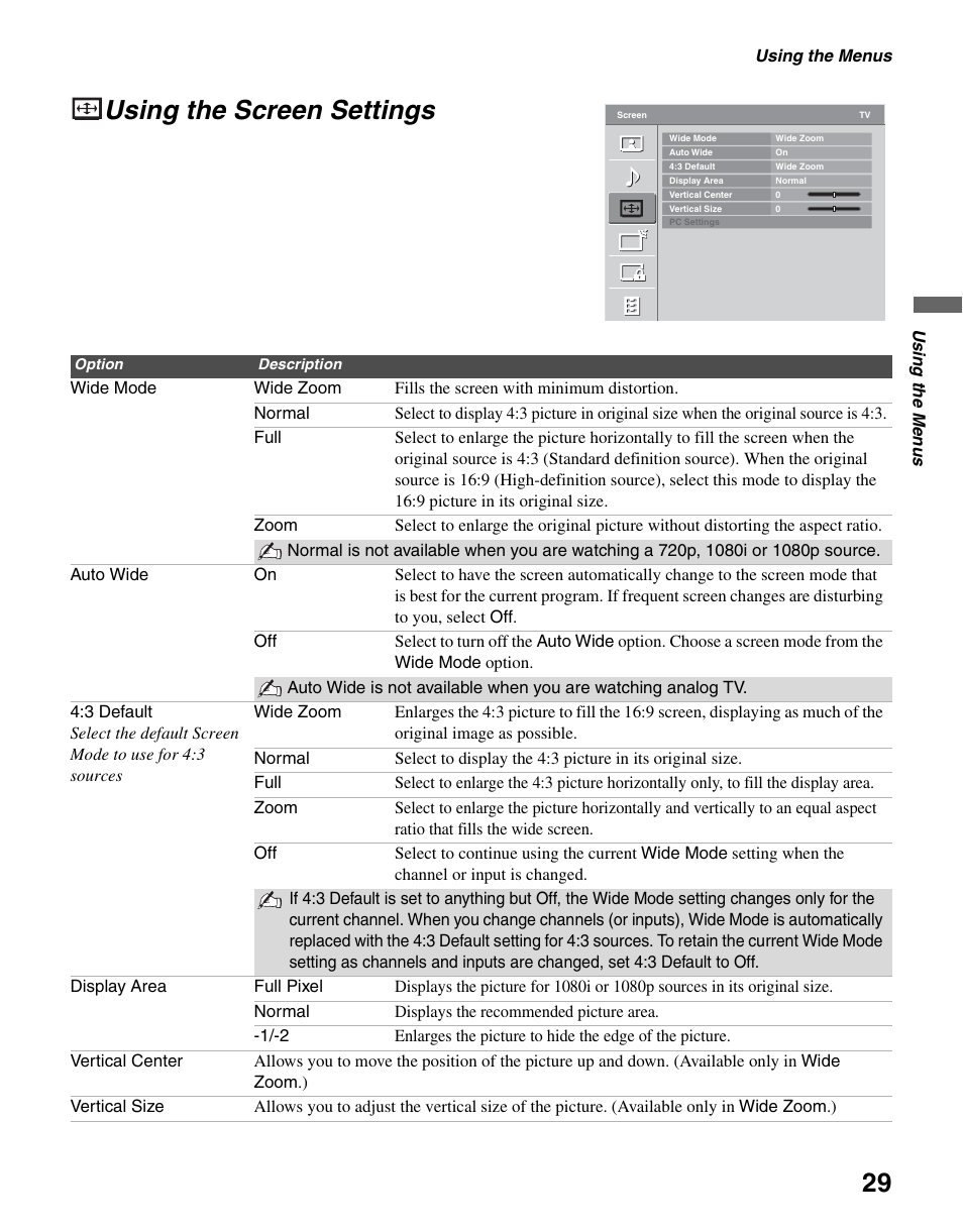Using the screen settings, D 29 | Sony KDL-40S4100 User Manual | Page 29 / 48