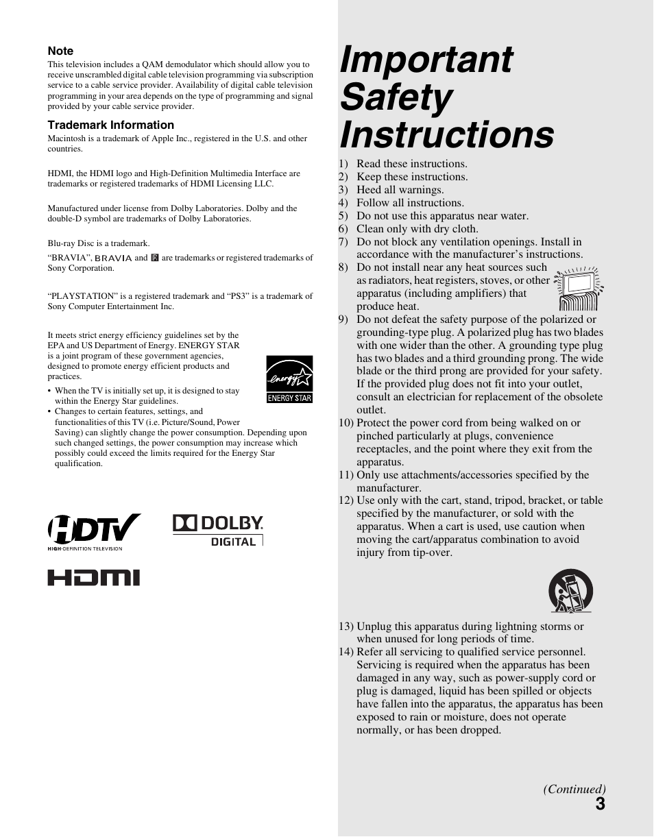 Important safety instructions | Sony KDL-40S4100 User Manual | Page 3 / 48